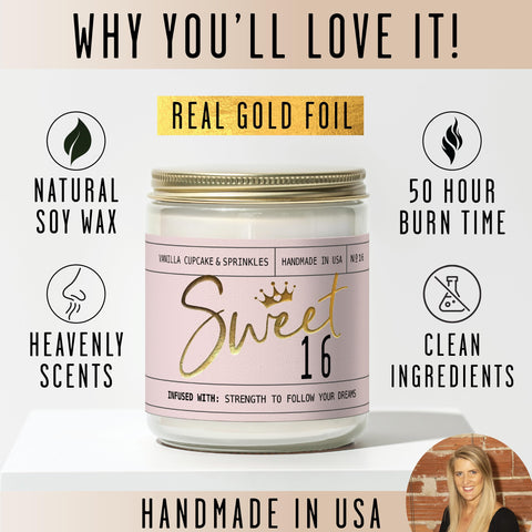 Gift-ready packaging for Soy and Sass Sweet 16 candle