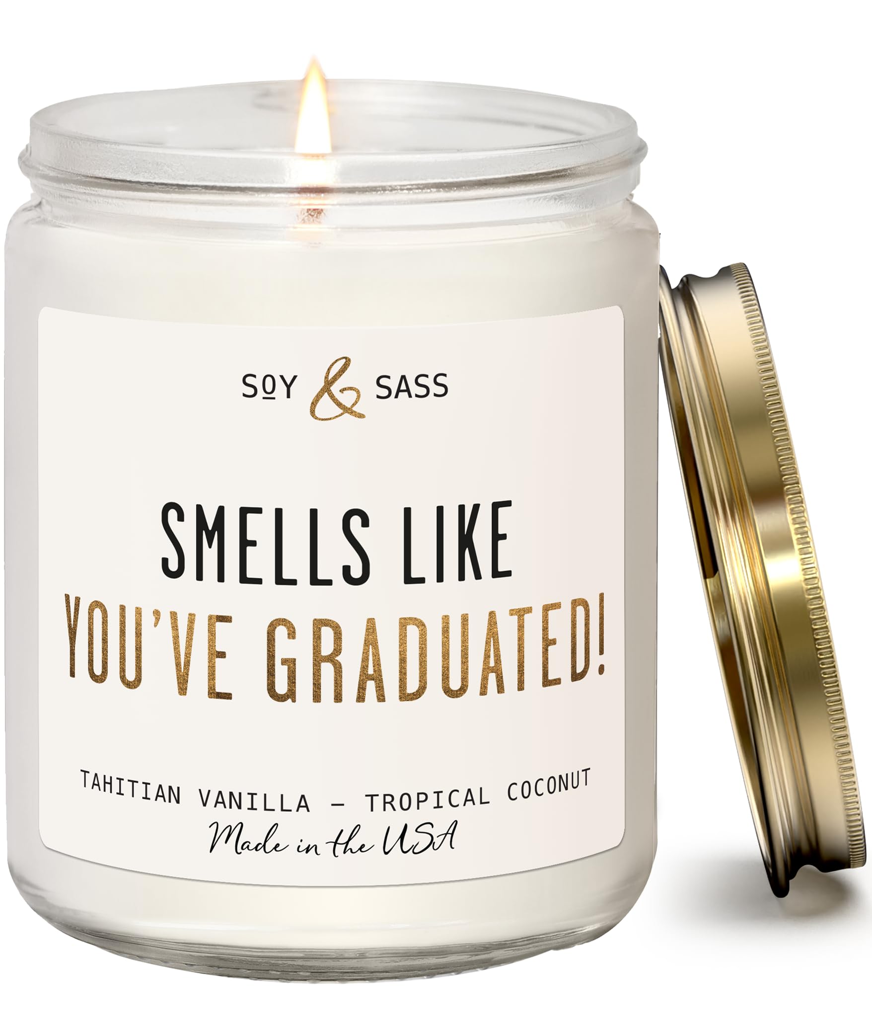Soy and Sass graduation candle in vanilla coconut scent for a celebratory mood