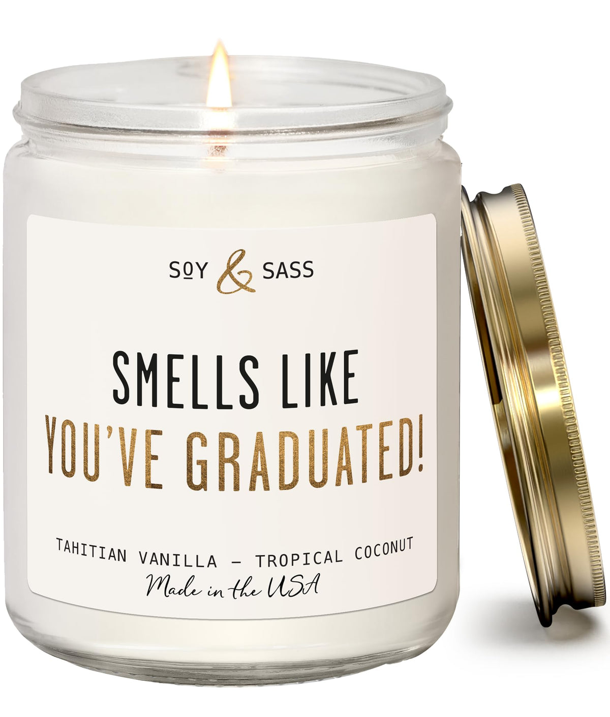 Soy and Sass graduation candle in vanilla coconut scent for a celebratory mood