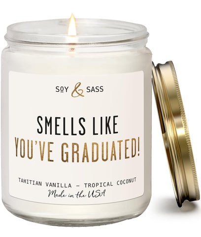 Soy and Sass graduation candle in vanilla coconut scent for a celebratory mood