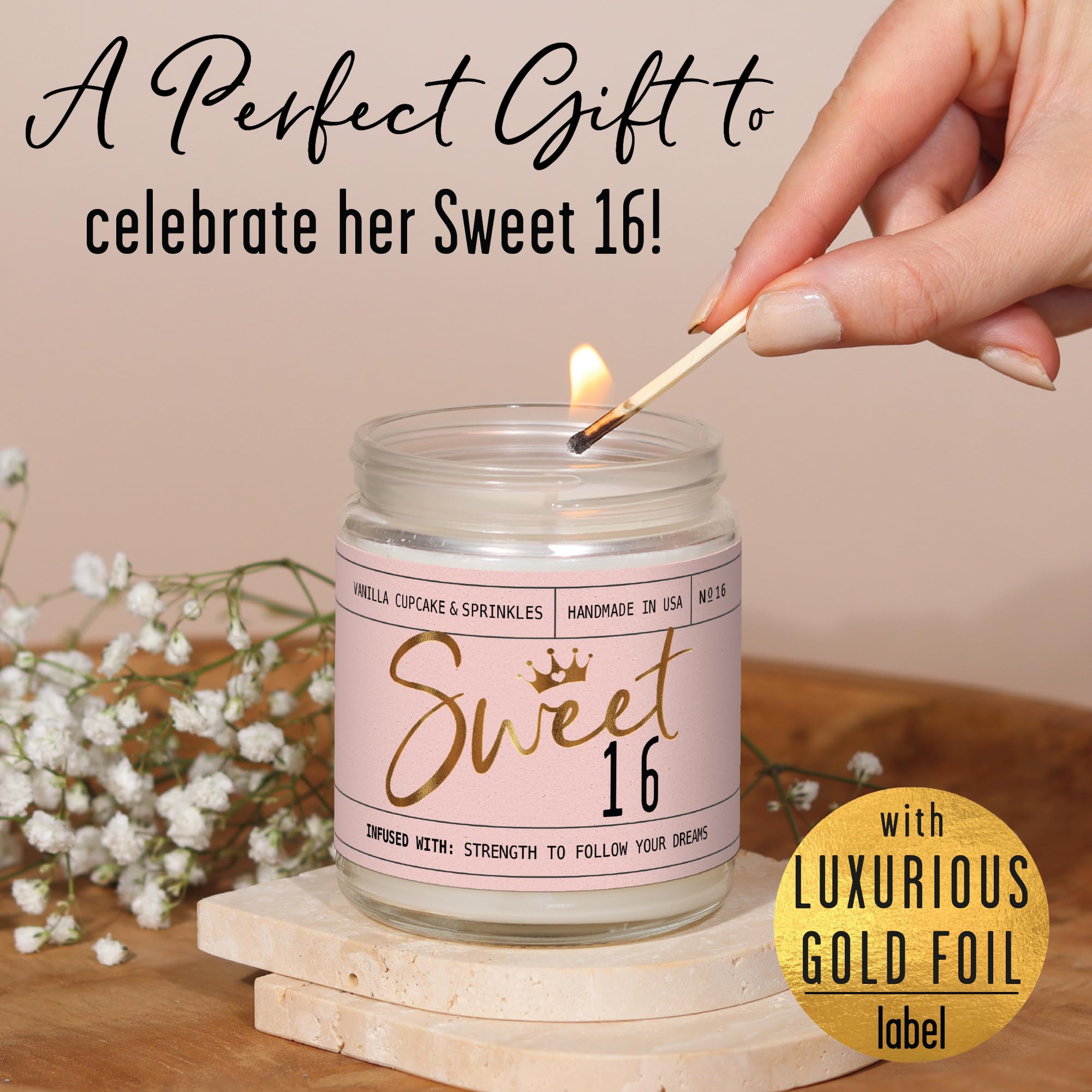 Gold foil SWEET 16 text detail on Soy and Sass candle