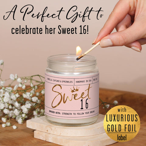 Gold foil SWEET 16 text detail on Soy and Sass candle