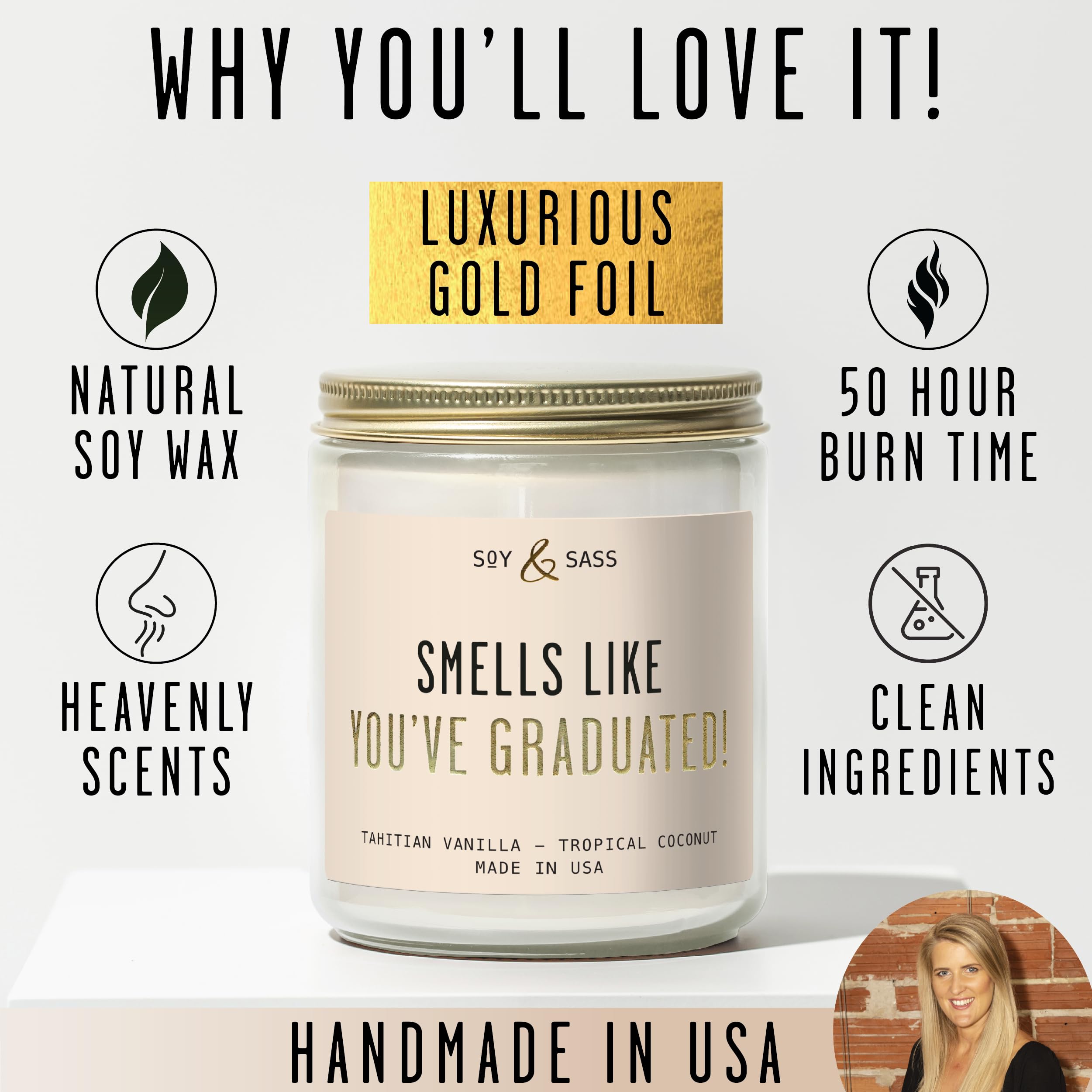 Trademarked Soy and Sass candle design on gift shelf