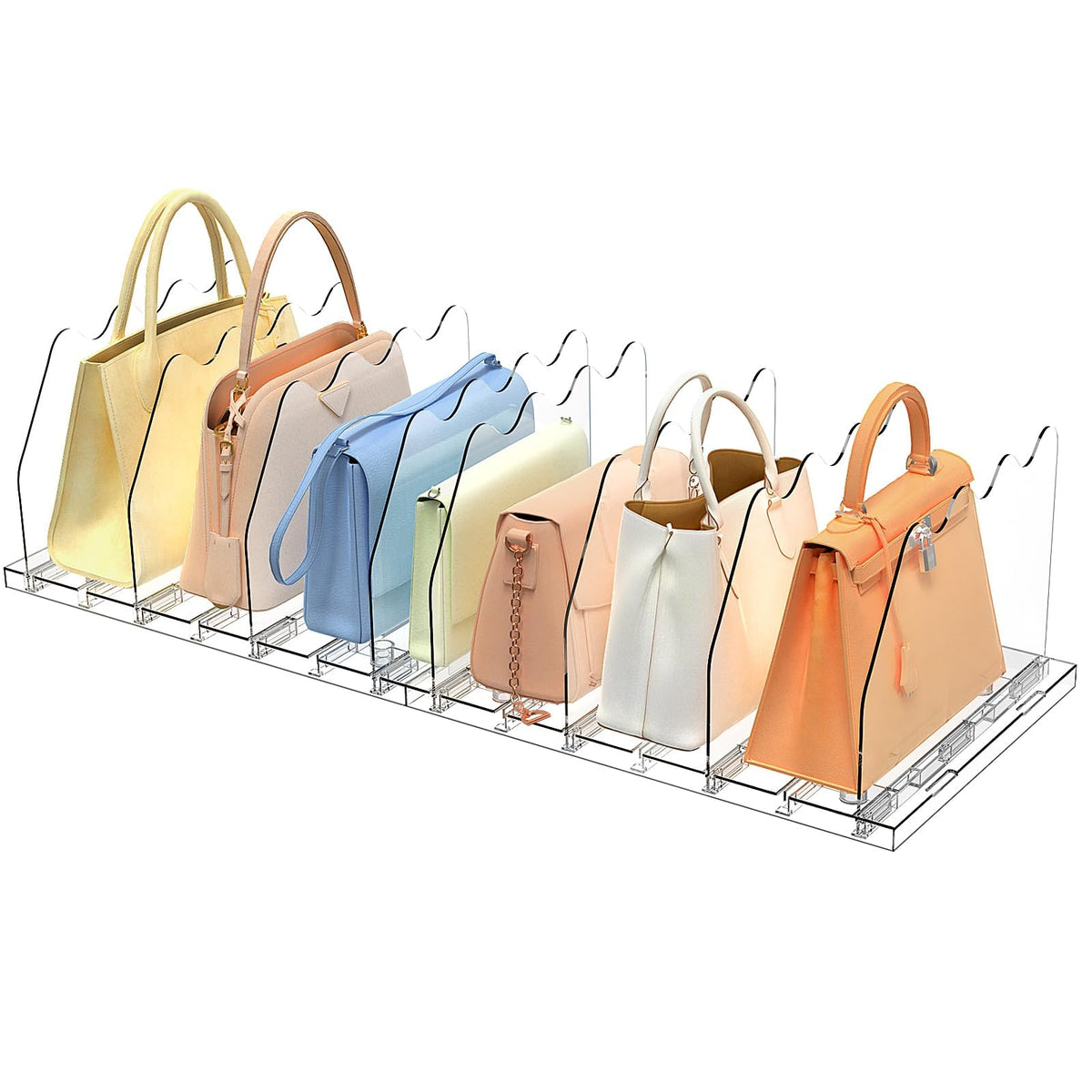 SOYO adjustable purse organizers shown in a closet divider setup for easy handbag access.