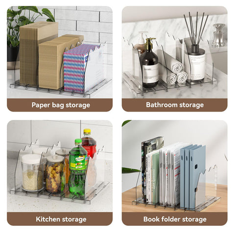 SOYO bookshelf separator with clear acrylic for tidy storage.