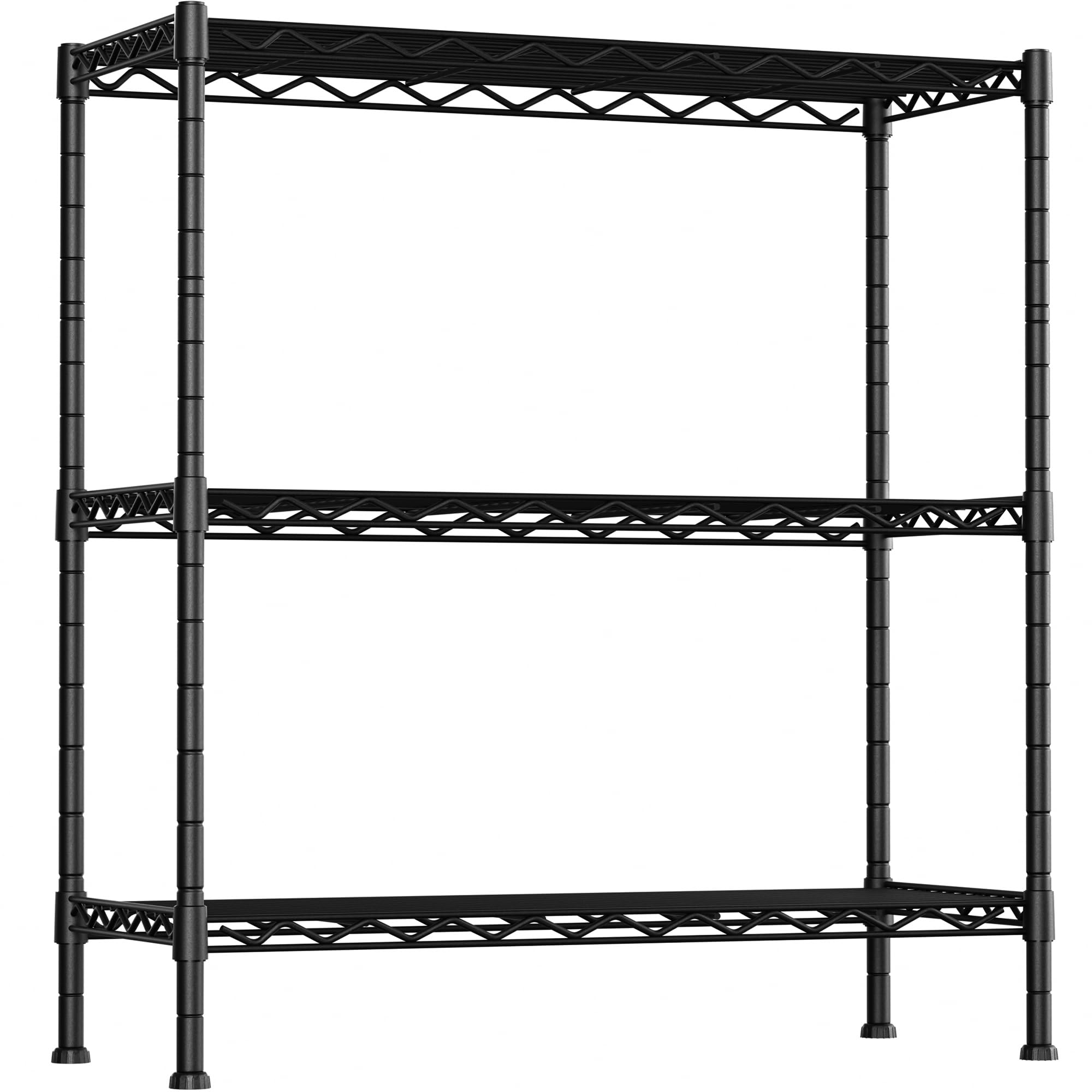 Soywey 3-shelf adjustable storage unit showing sturdy black metal frame for versatile organization