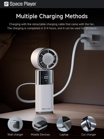 Three-in-one design adapts to desk, neck, or handheld use.
