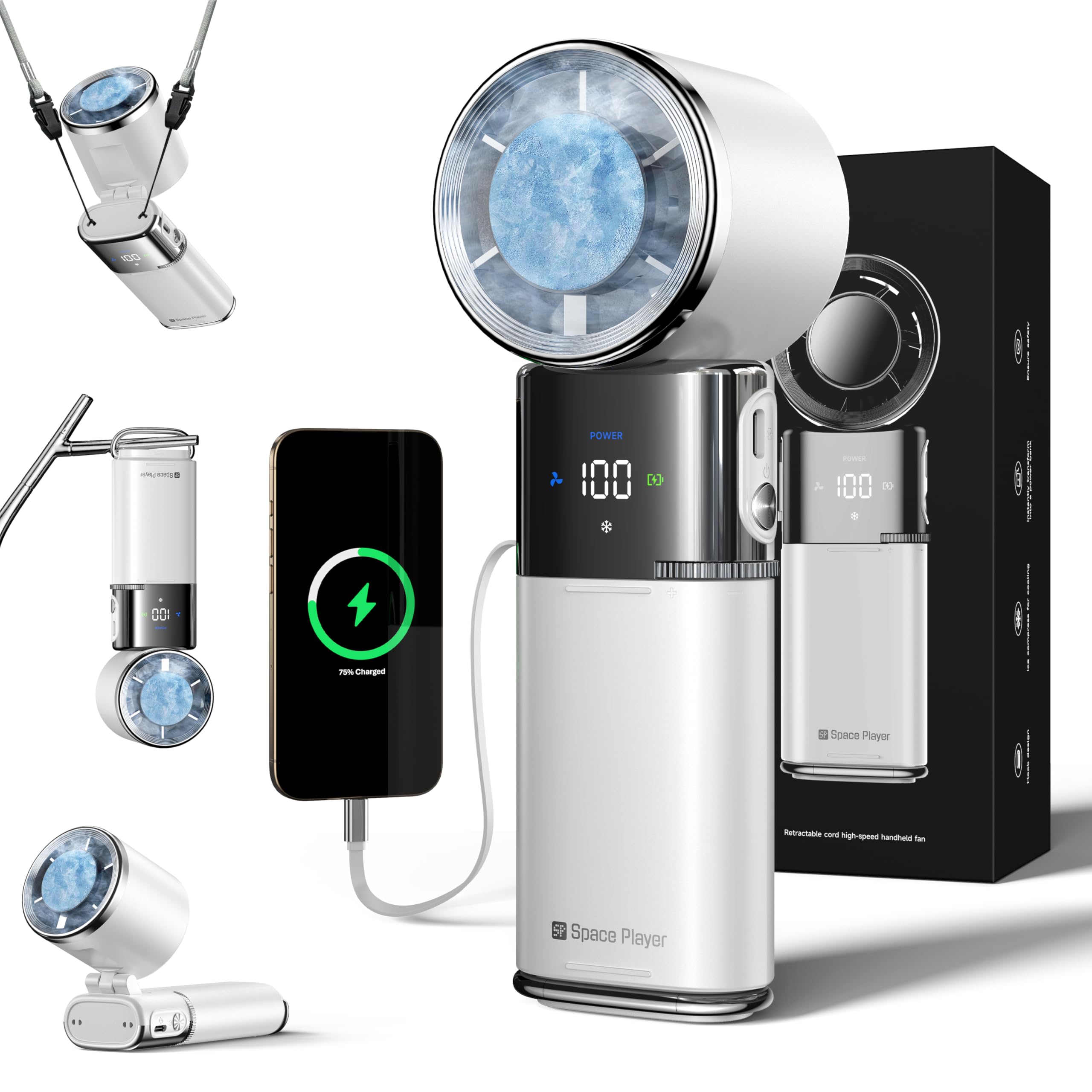 SP Space Player turbo fan delivers high-speed airflow for quick personal cooling.