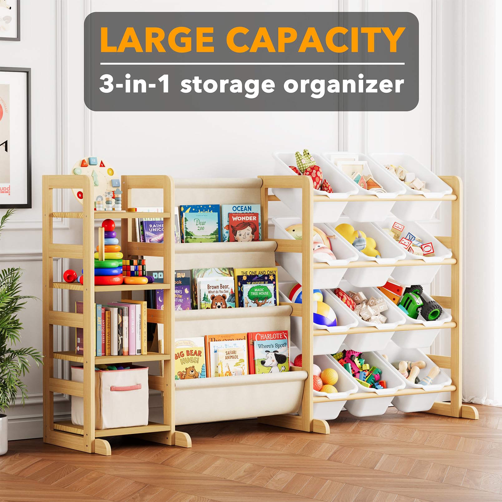 SpaceAid 3-in-1 storage system close-up showing durable pine construction for longevity.