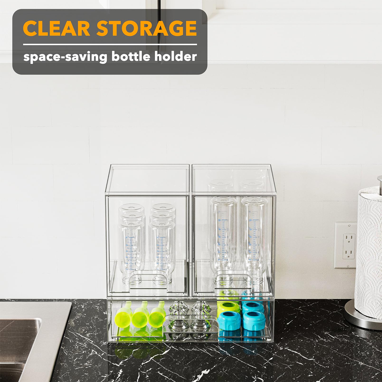 SpaceAid 3-pack stackable storage solution saves space on counters or shelves.