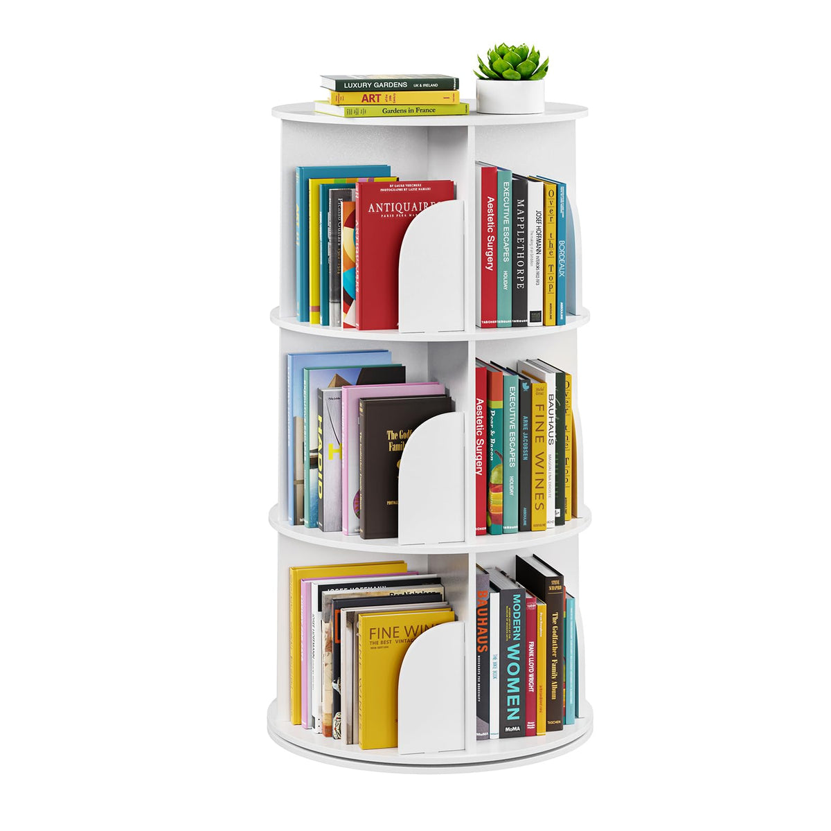 SpaceAid 3-tier rotating bookshelf assembly shows compact, clutter-free setup.