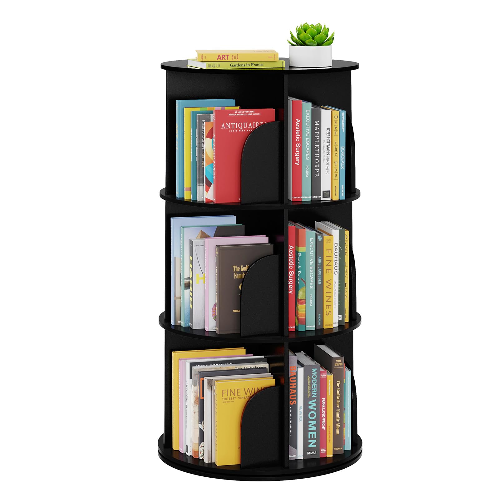 SpaceAid 3-tier rotating bookshelf tower shows compact, organized book storage.