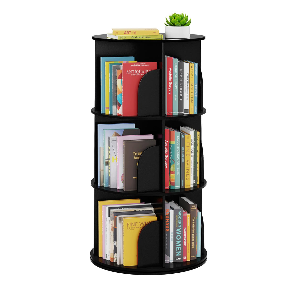 SpaceAid 3-tier rotating bookshelf tower shows compact, organized book storage.