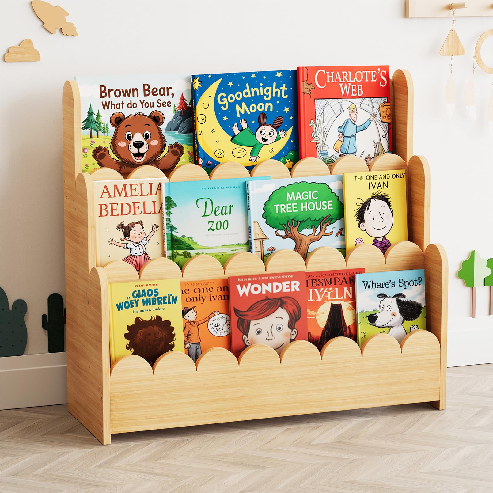 SpaceAid 3-Tier Scalloped Bookshelf front view keeps books within reach for toddlers.