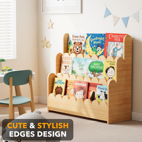 SpaceAid 3-Tier Scalloped Bookshelf open-front supports easy title selection by children.