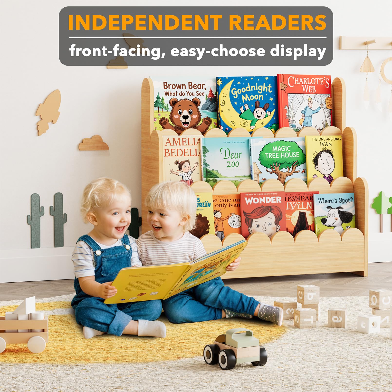 SpaceAid 3-Tier Scalloped Bookshelf side view shows compact footprint for small spaces.