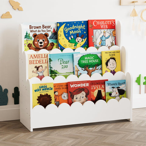 SpaceAid 3-Tier Scalloped Bookshelf in white, front view for toddlers.