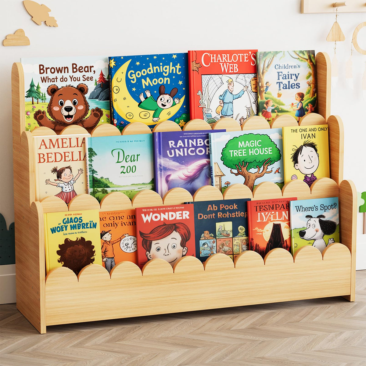 SpaceAid 3-tier scalloped shelf front view, easy-access for toddlers.