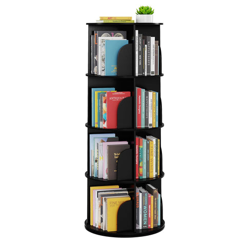 SpaceAid 4-Tier rotating bookshelf full-view shows space-saving organization for books and decor