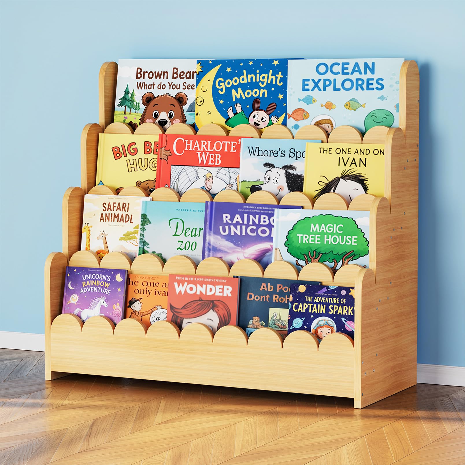 SpaceAid 4-Tier Scalloped Bookshelf front-view with easy toddler access.