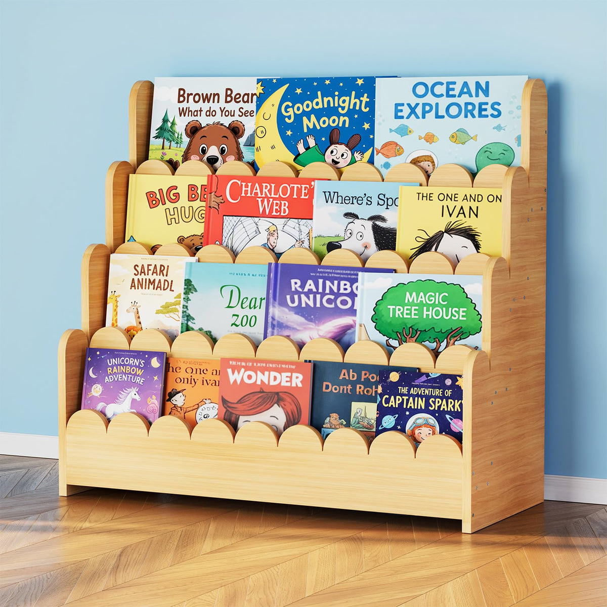 SpaceAid 4-Tier Scalloped Bookshelf front-view with easy toddler access.
