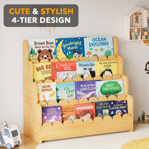 SpaceAid 4-Tier Scalloped Bookshelf low-height-view enables kid-friendly reach.