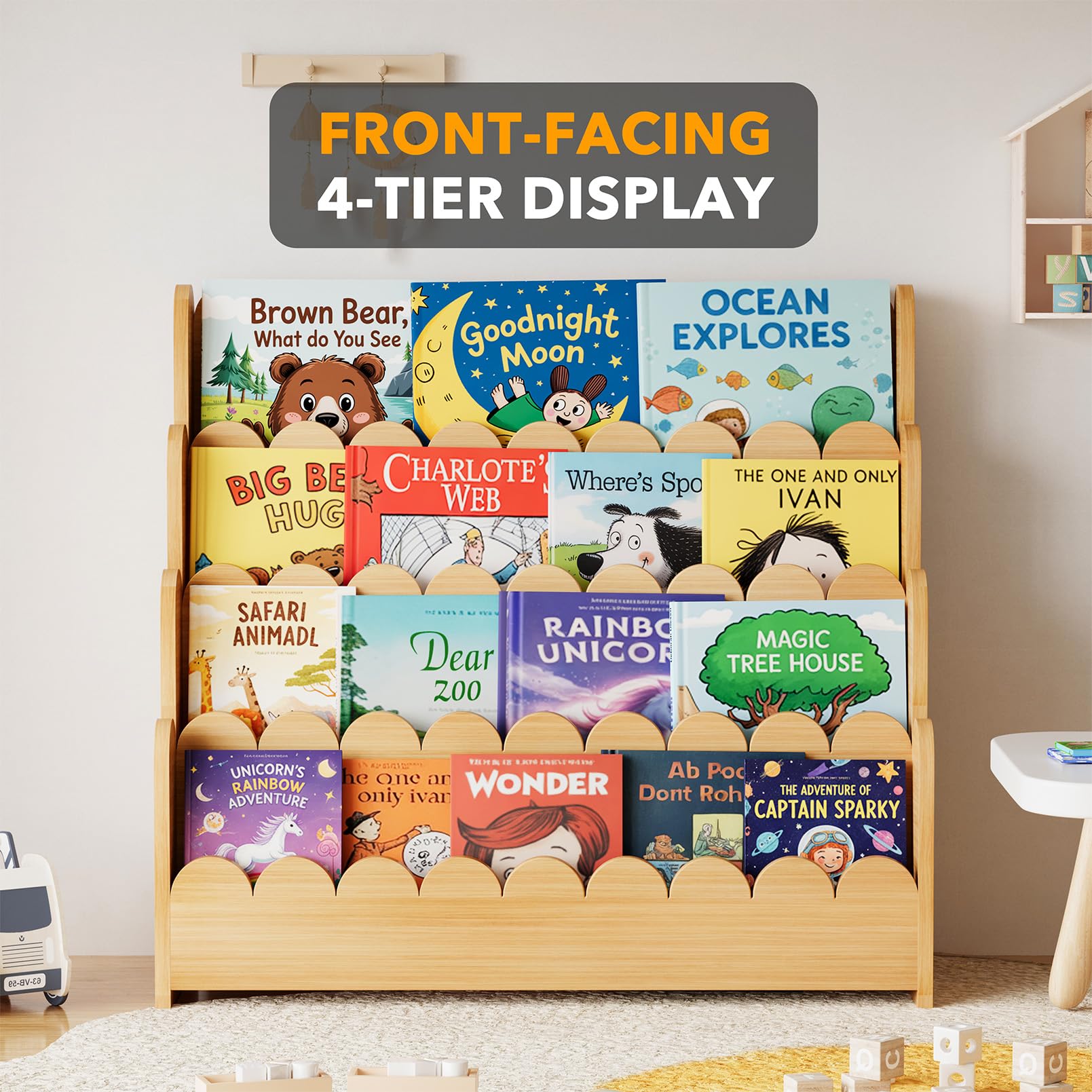SpaceAid 4-Tier Scalloped Bookshelf nursery-display in natural wood.