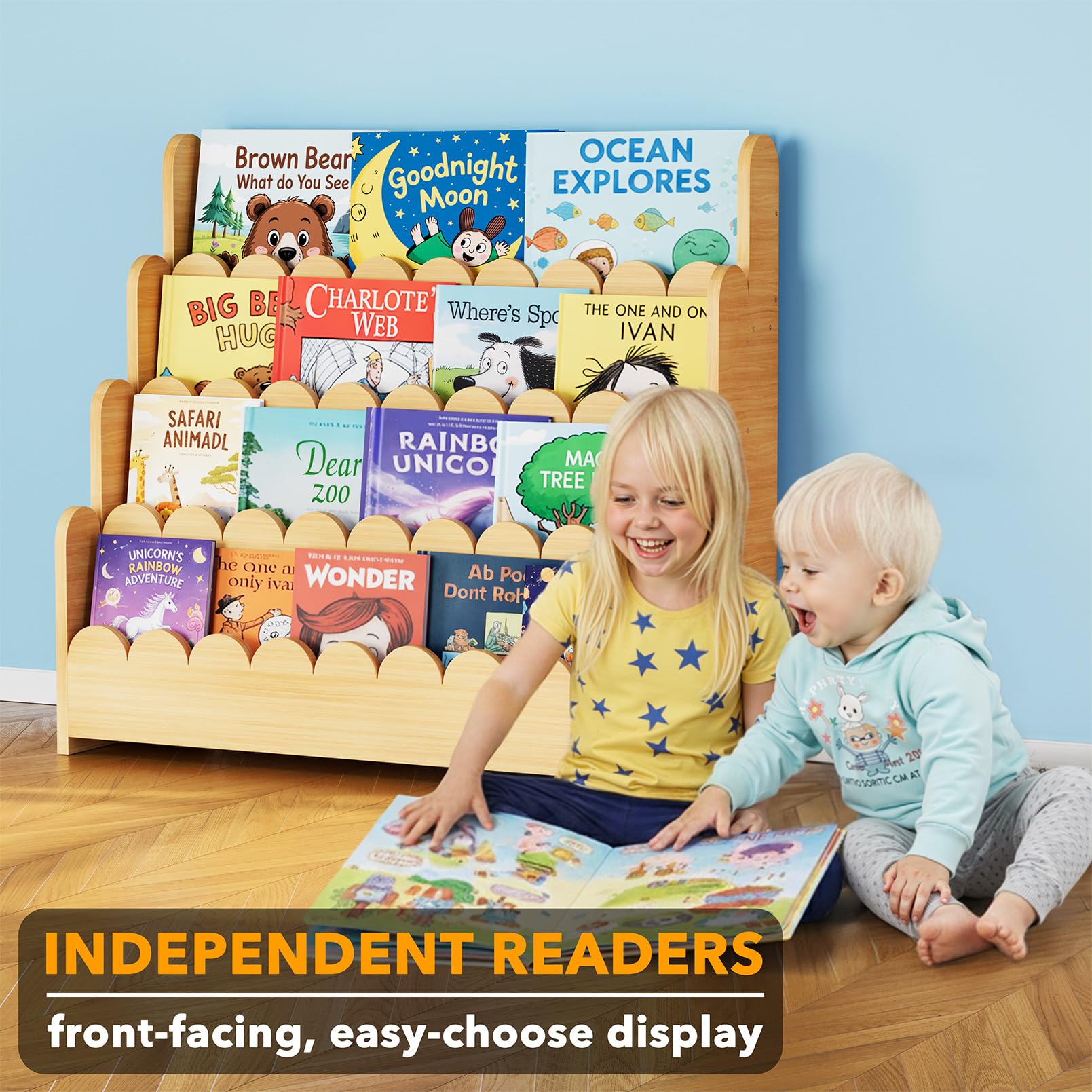 SpaceAid 4-Tier Scalloped Bookshelf side-view showing compact footprint for small spaces.