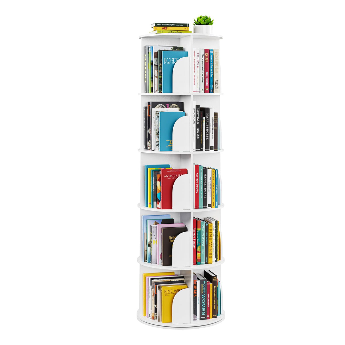 SpaceAid 5-Tier rotating bookshelf tower displaying books for easy access.
