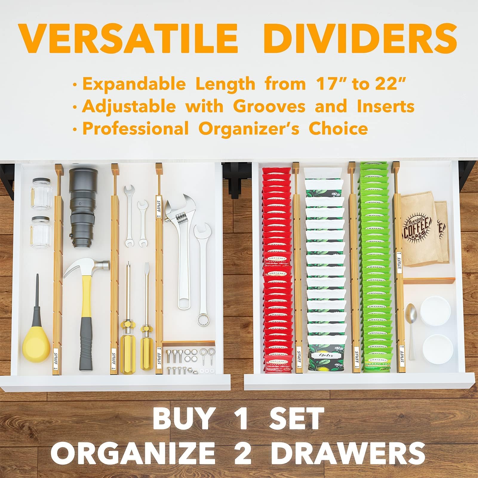 SpaceAid six dividers and twelve inserts enable versatile drawer organization.