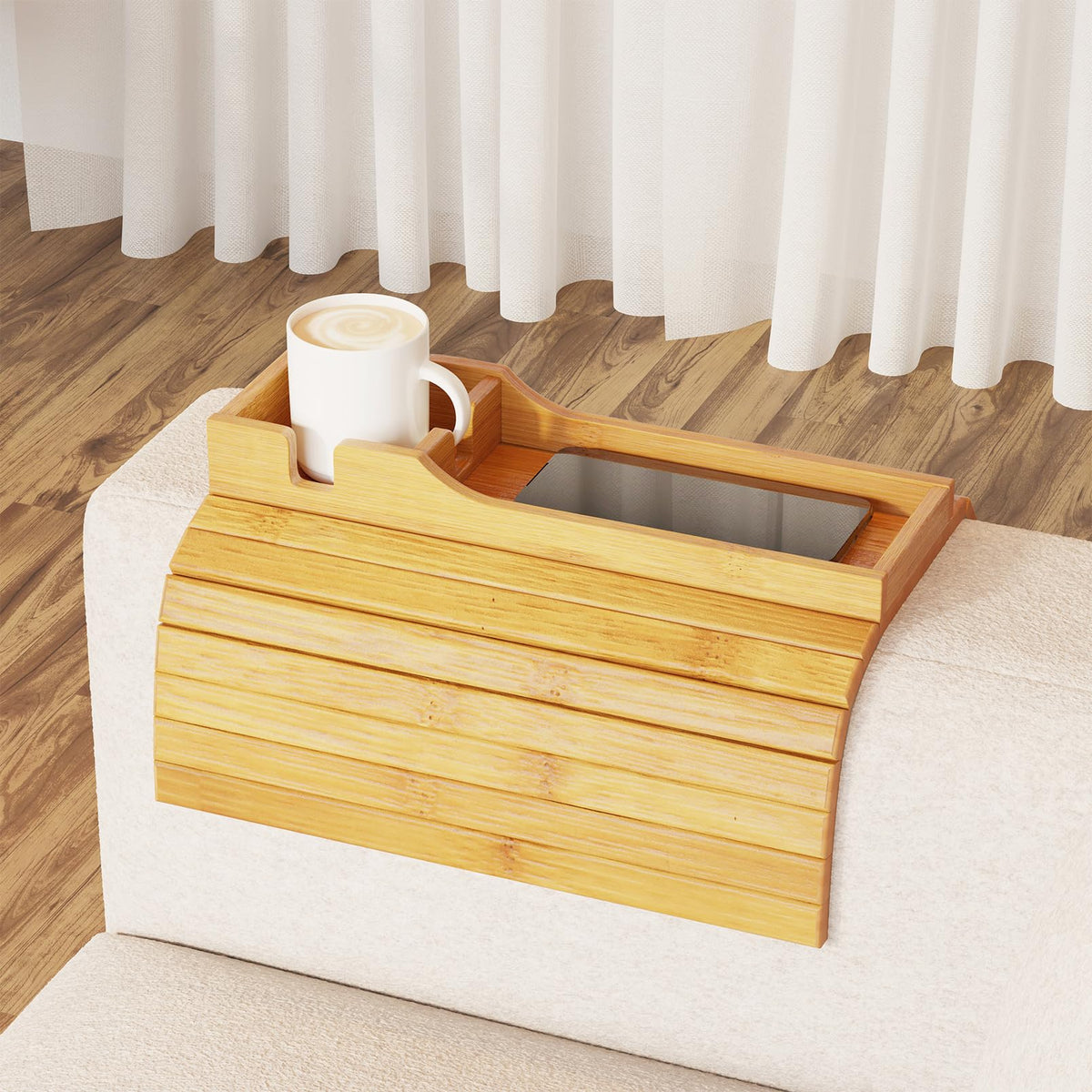 SpaceAid bamboo couch cup holder on armrest tray provides a stable surface for drinks.