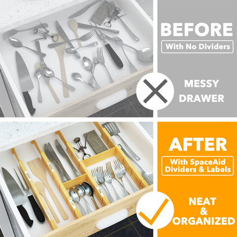 SpaceAid extendable bamboo dividers fit 17-22in drawers for versatile spaces.