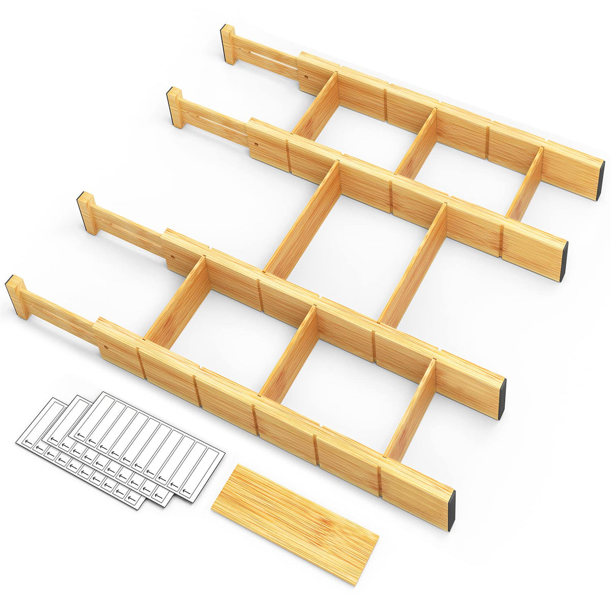 SpaceAid bamboo drawer dividers with 9 inserts arranged in a neat organizer for tidy utensil storage.