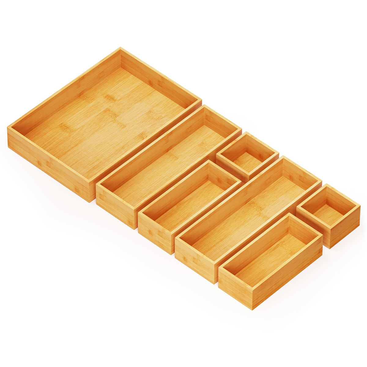 SpaceAid bamboo drawer organizer set displaying seven boxes for tidy kitchen storage