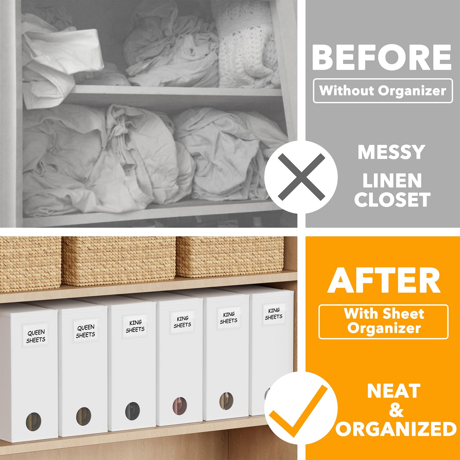 SpaceAid label cards help identify linens quickly for faster closet reorganization.