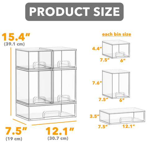 SpaceAid clear acrylic bins with small, medium, and large sections for versatility