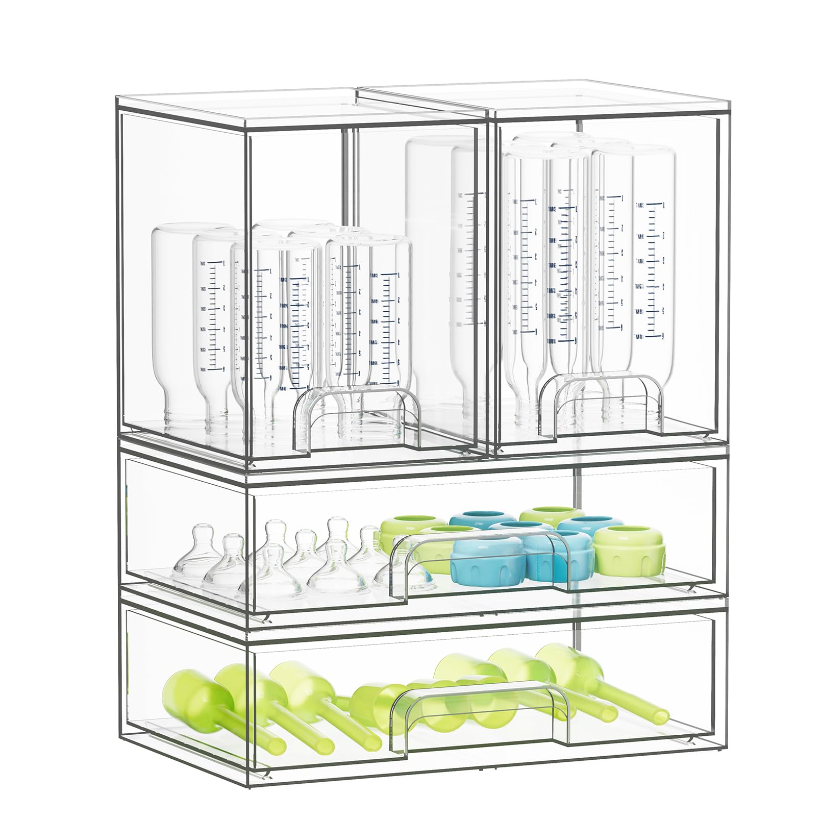 SpaceAid bottle storage organizer on the countertop keeps baby bottles neatly displayed and easy to grab.