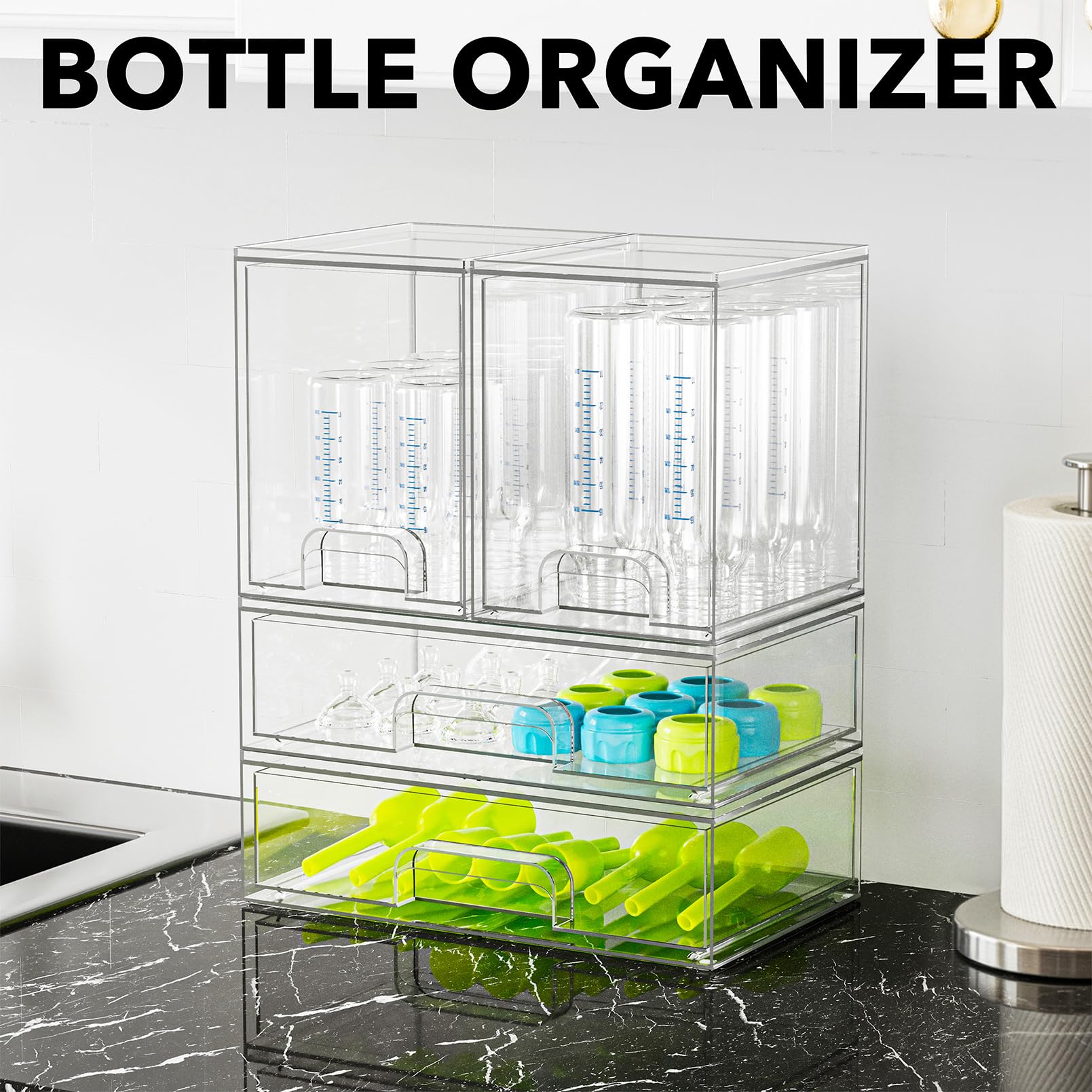 SpaceAid bottle storage organizer stackable bins maximize counter space and organization.