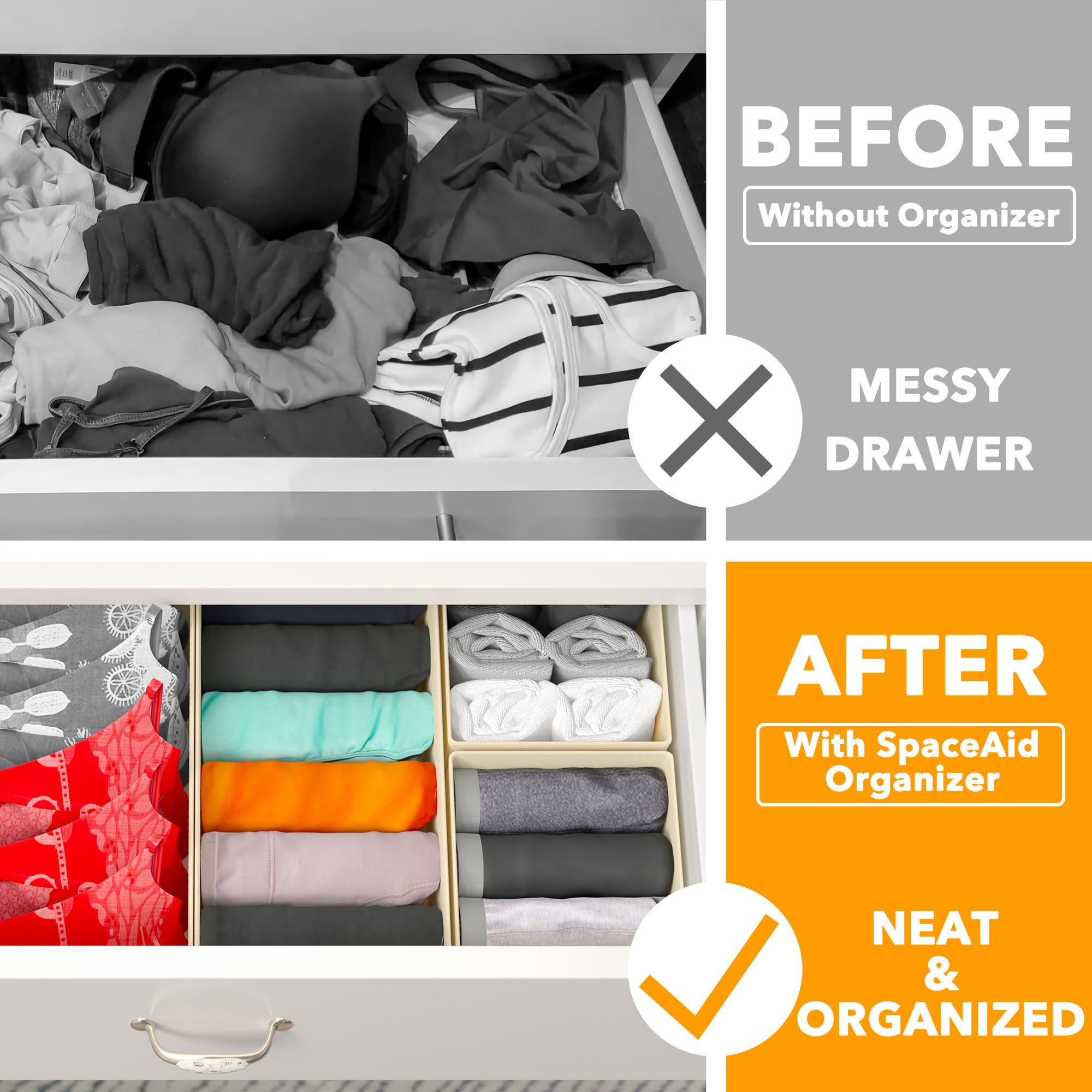 SpaceAid medium rectangular beige bin helps sort items on a shelf