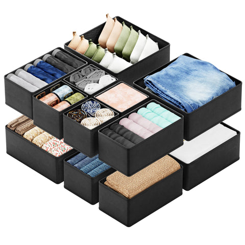 SpaceAid 12-pack drawer organizers neatly arranged in a dresser for neat clothing storage.