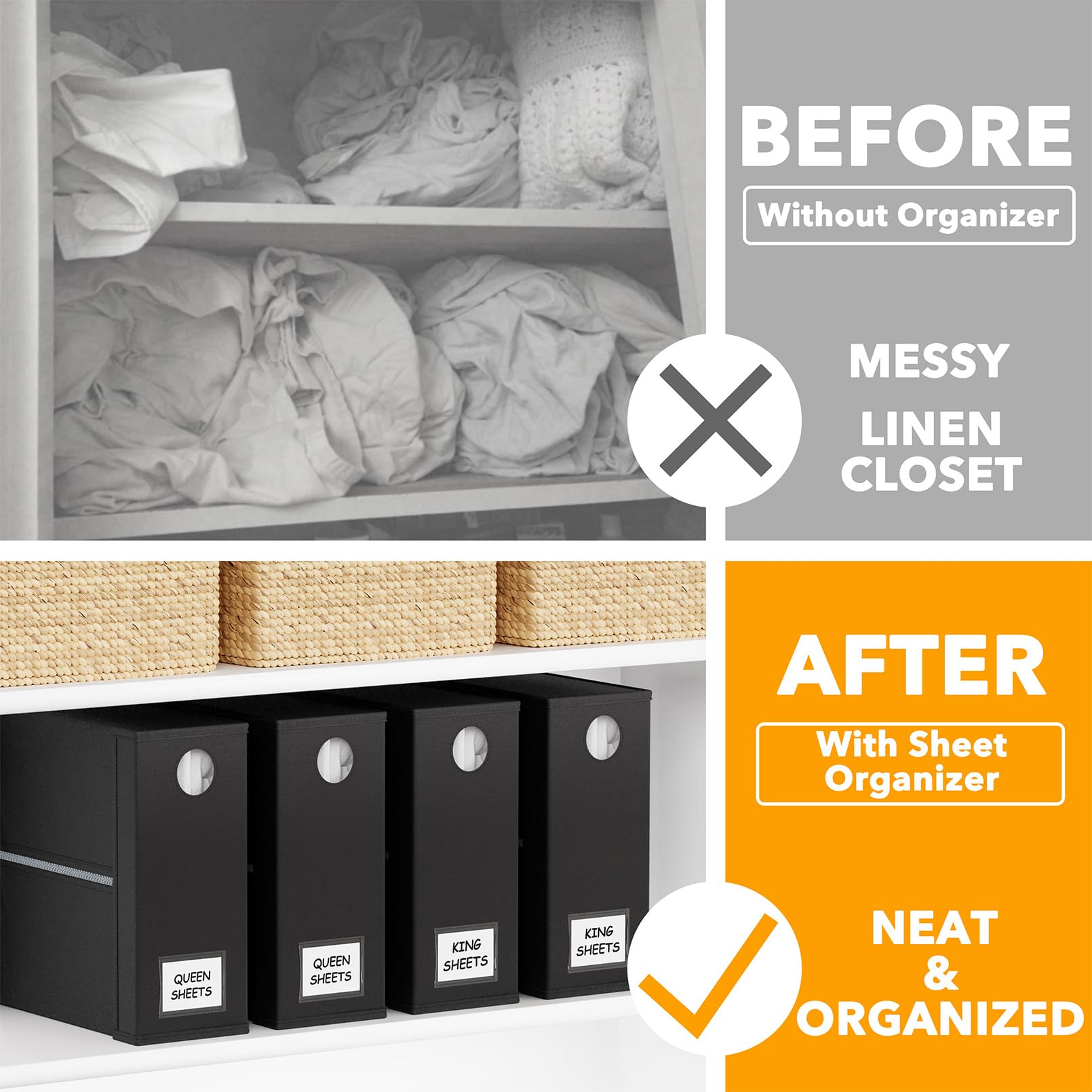 SpaceAid foldable sheet organizer fits Queen and King sets in a compact closet.