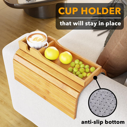 SpaceAid foldable sofa armrest tray demonstrates easy storage after use.