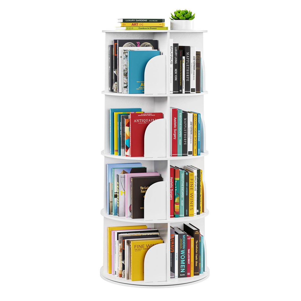 SpaceAid four-tier rotating bookshelf assembly shows space-saving design for neat living rooms.