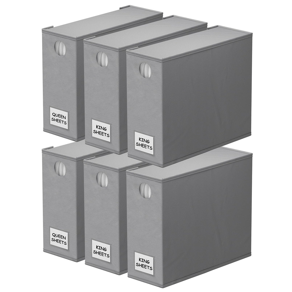 SpaceAid gray six-pack sheet organizers shown from the front for a tidy linen closet