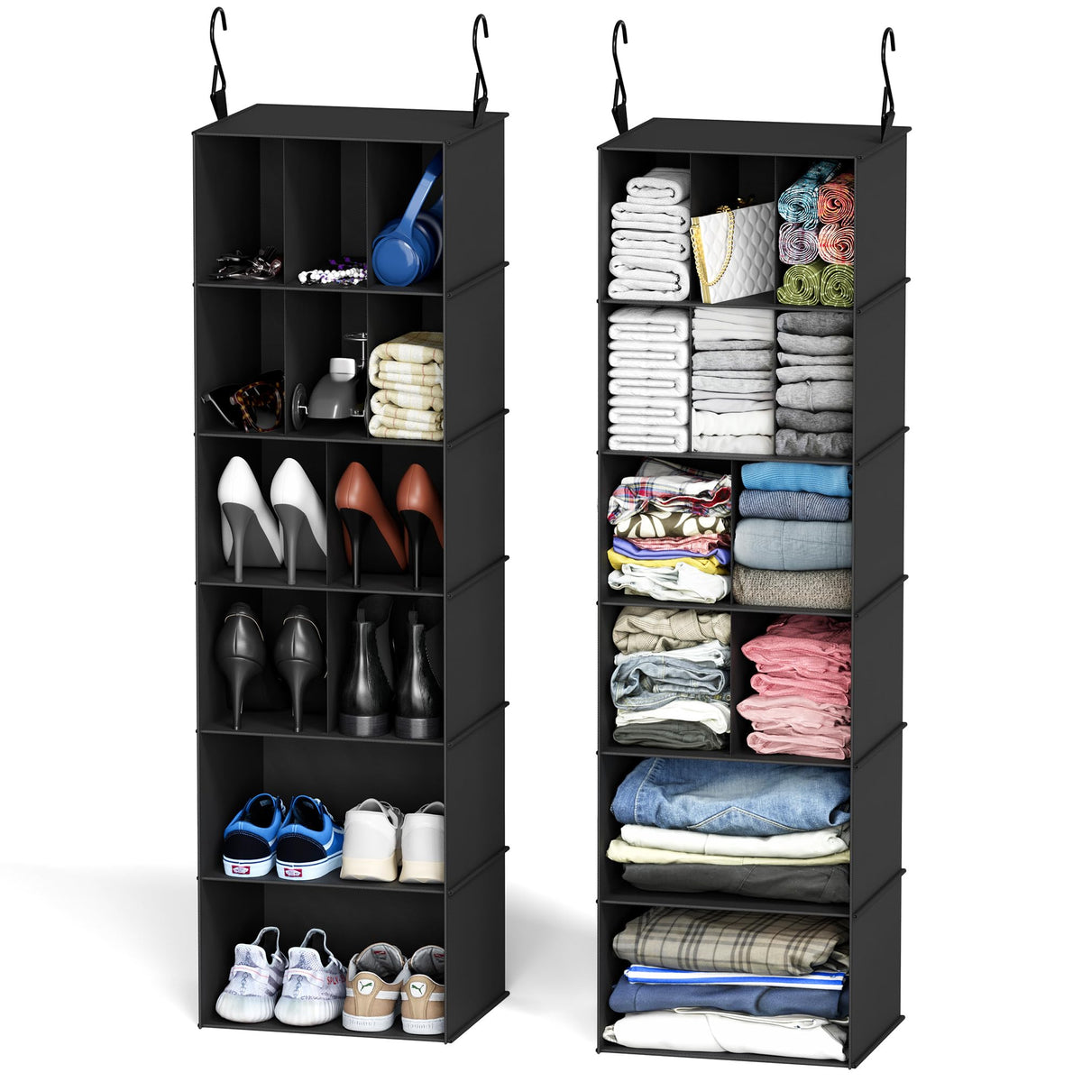 SpaceAid hanging closet organizer with 24-compartment layout for shoes and clothing