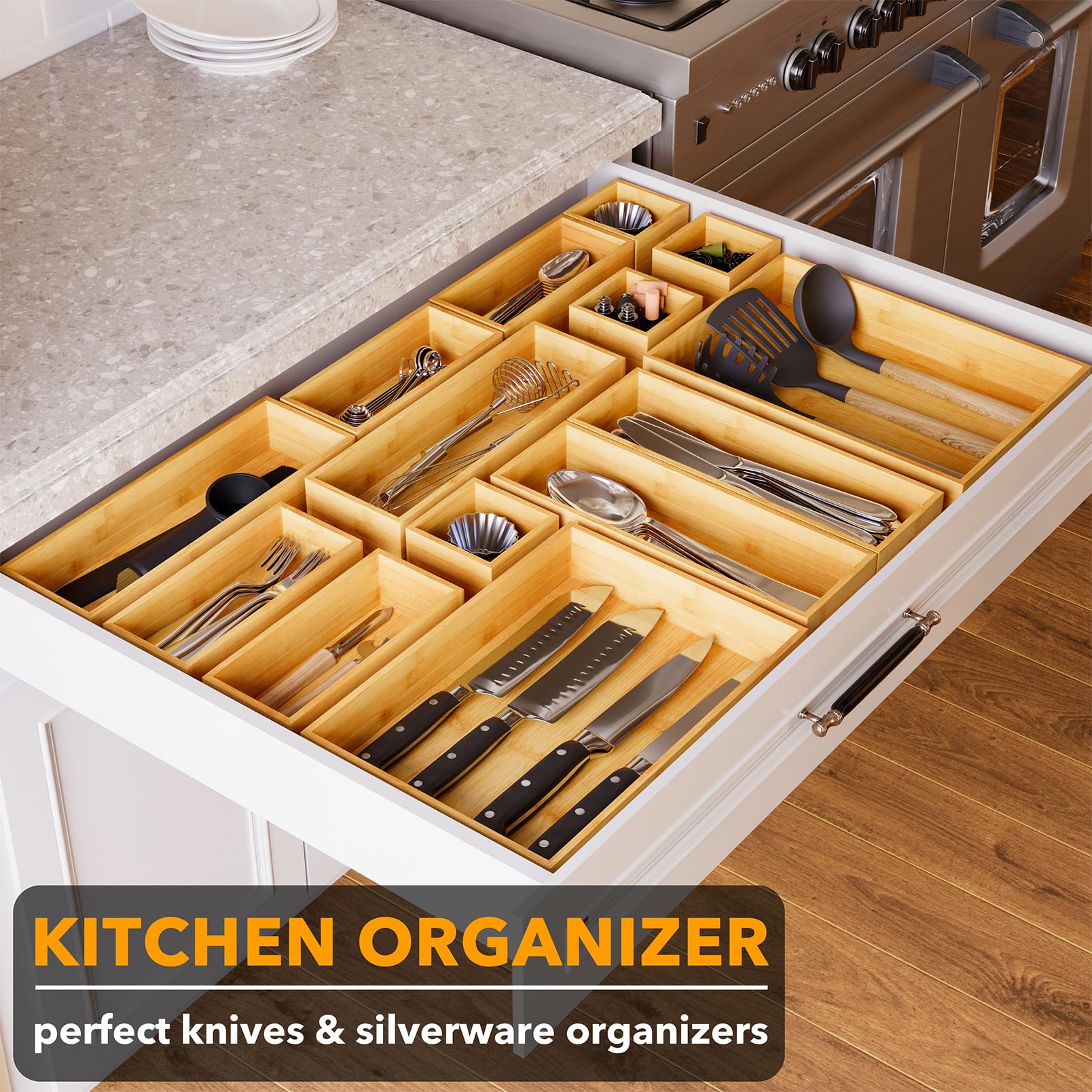 SpaceAid large bamboo drawer organizer accommodates larger utensils and flatware with room.