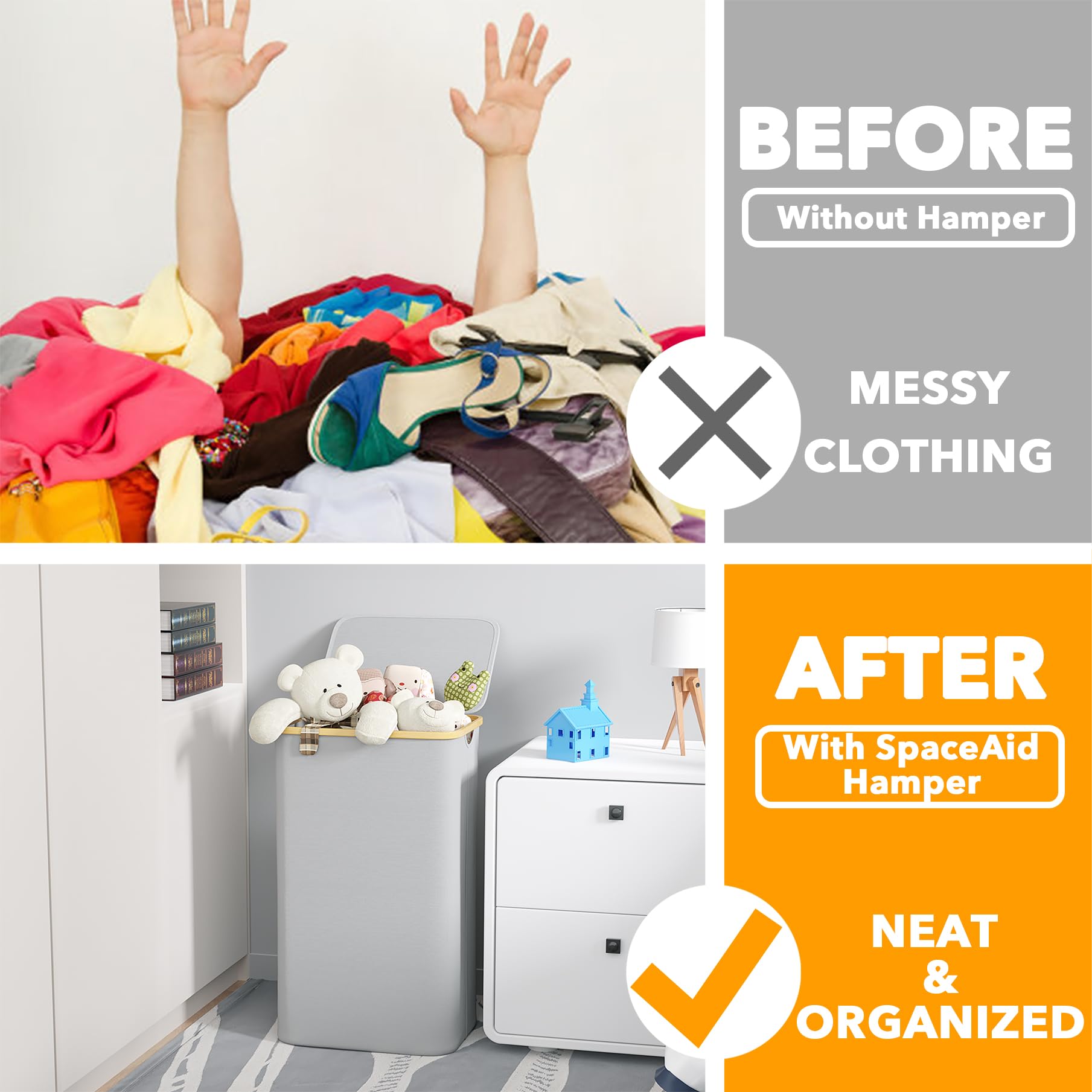 SpaceAid 110L capacity hamper shows a tall design for clutter-free laundry.