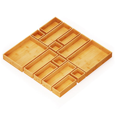 SpaceAid mini bamboo drawer organizer keeps compact items neatly separated for quick access.