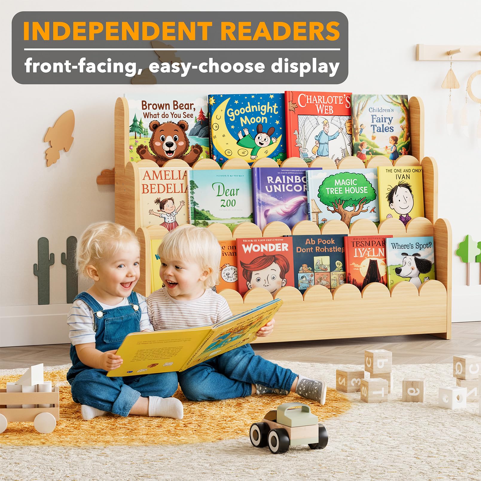 SpaceAid Montessori bookshelf with low height, promotes independent reading.