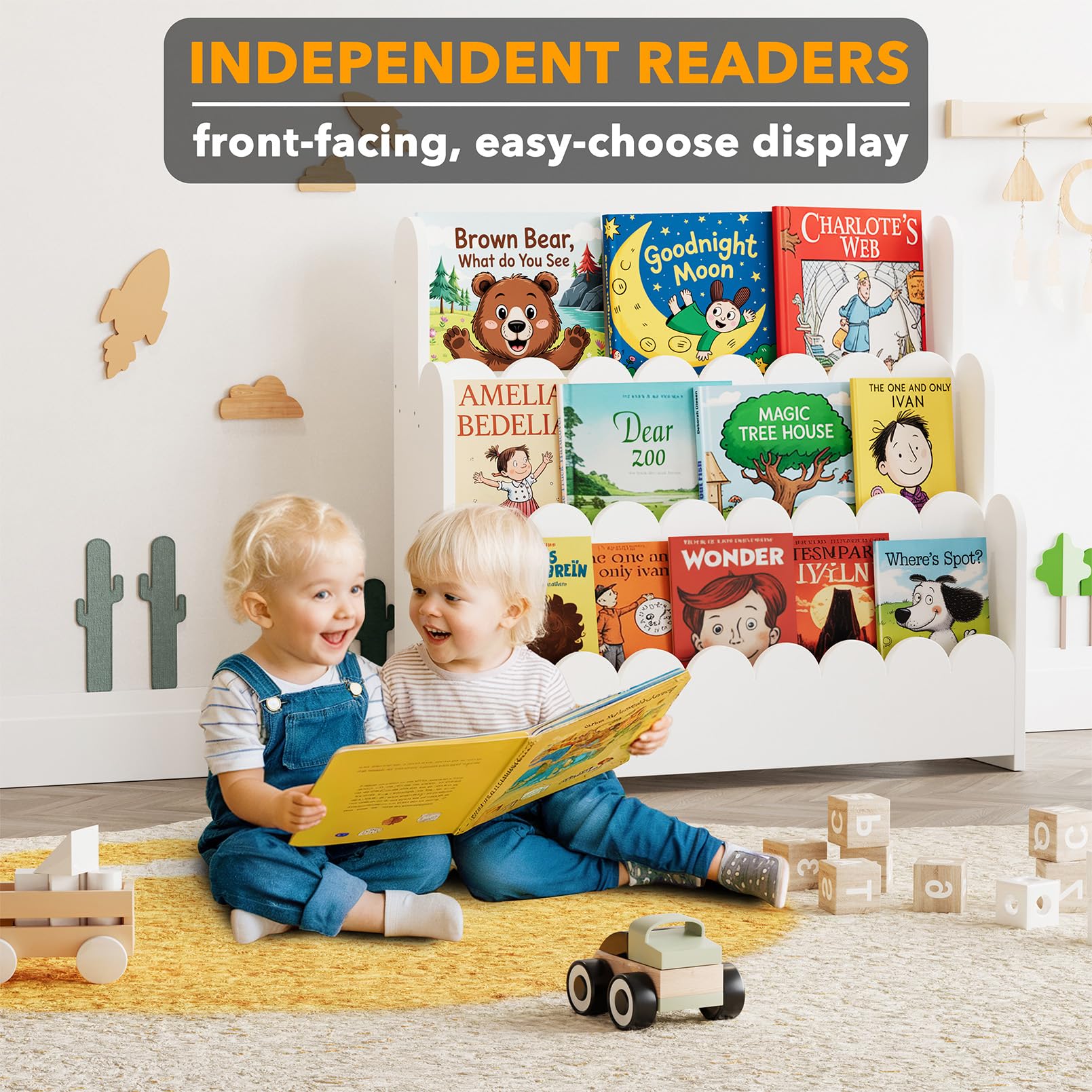 SpaceAid Montessori display highlighting front-facing book access for kids.
